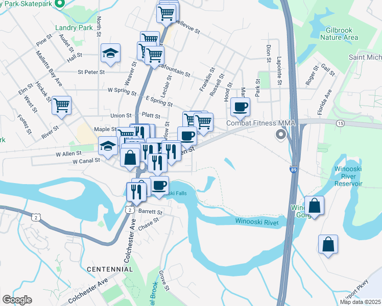 map of restaurants, bars, coffee shops, grocery stores, and more near 112 East Allen Street in Winooski