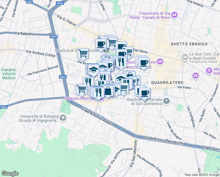 map of restaurants, bars, coffee shops, grocery stores, and more near 9 Via Senzanome in Bologna