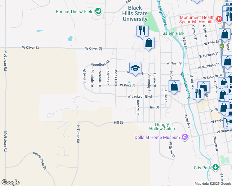 map of restaurants, bars, coffee shops, grocery stores, and more near 814 Jonas Boulevard in Spearfish