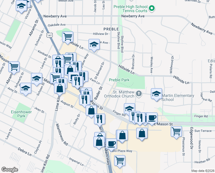 map of restaurants, bars, coffee shops, grocery stores, and more near 511 Bader Street in Green Bay