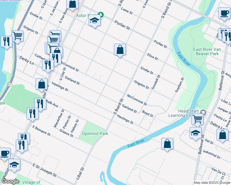 map of restaurants, bars, coffee shops, grocery stores, and more near 1343 McCormick Street in Green Bay