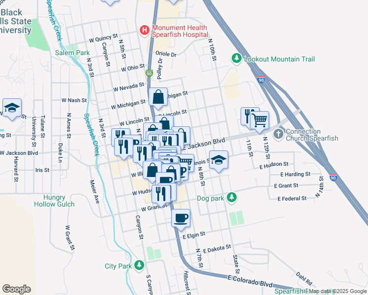 map of restaurants, bars, coffee shops, grocery stores, and more near 230 East Jackson Boulevard in Spearfish