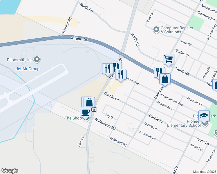 map of restaurants, bars, coffee shops, grocery stores, and more near 2625 Packerland Drive in Green Bay