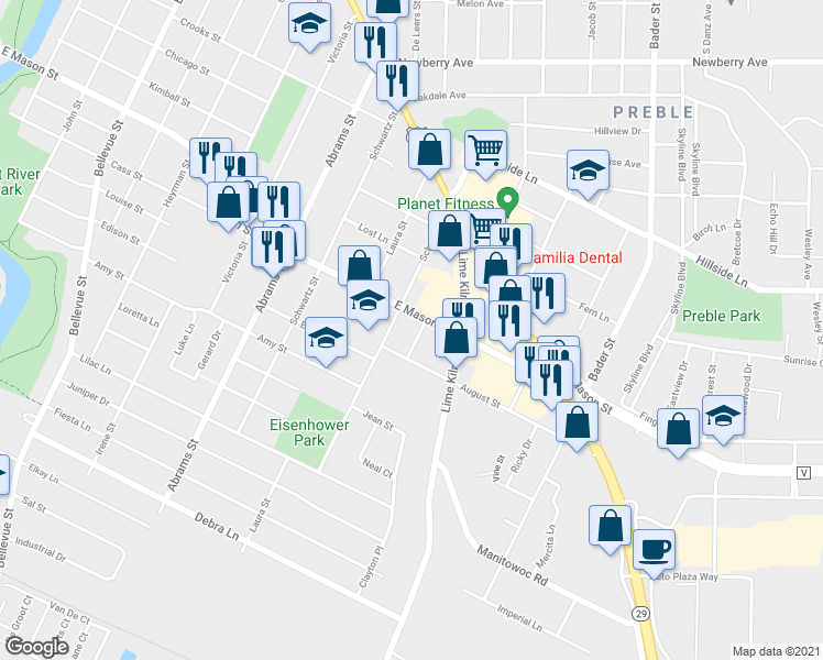 map of restaurants, bars, coffee shops, grocery stores, and more near 716 Jaster Street in Green Bay