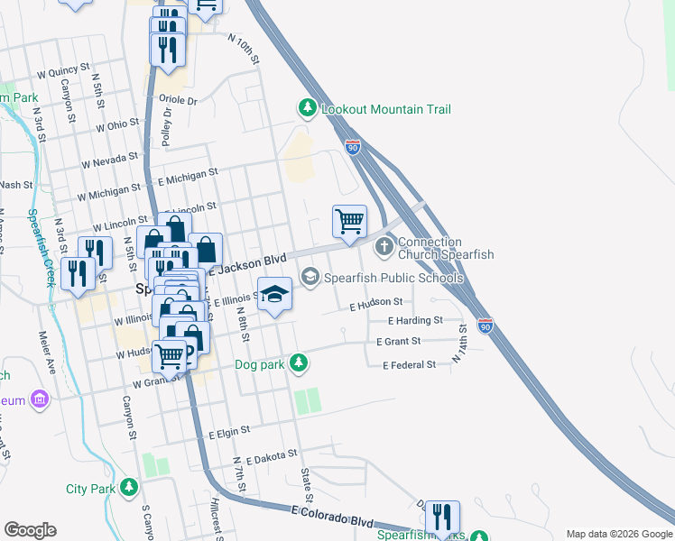 map of restaurants, bars, coffee shops, grocery stores, and more near 612 East Illinois Street in Spearfish