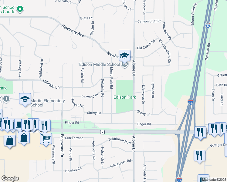 map of restaurants, bars, coffee shops, grocery stores, and more near 511 Menlo Park Road in Green Bay