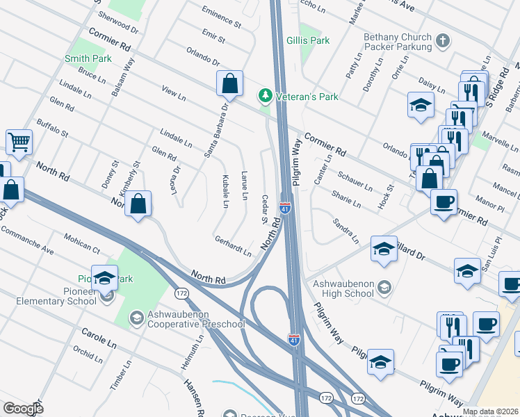 map of restaurants, bars, coffee shops, grocery stores, and more near 2398 Cedar Ridge in Green Bay