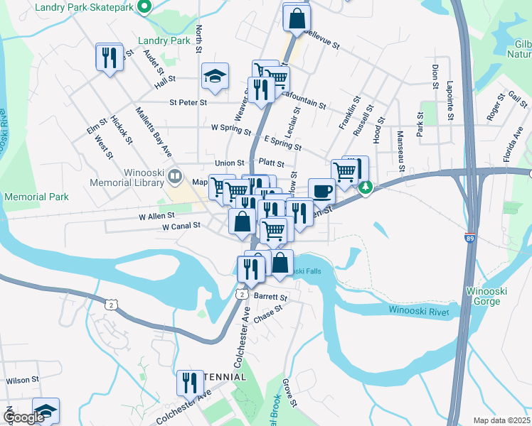 map of restaurants, bars, coffee shops, grocery stores, and more near in Winooski
