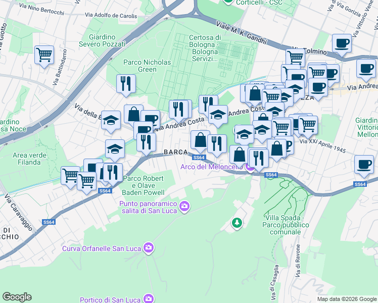 map of restaurants, bars, coffee shops, grocery stores, and more near 91 Via Porrettana in Bologna