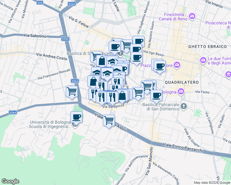 map of restaurants, bars, coffee shops, grocery stores, and more near 3-5 Via Cà Selvatica in Bologna