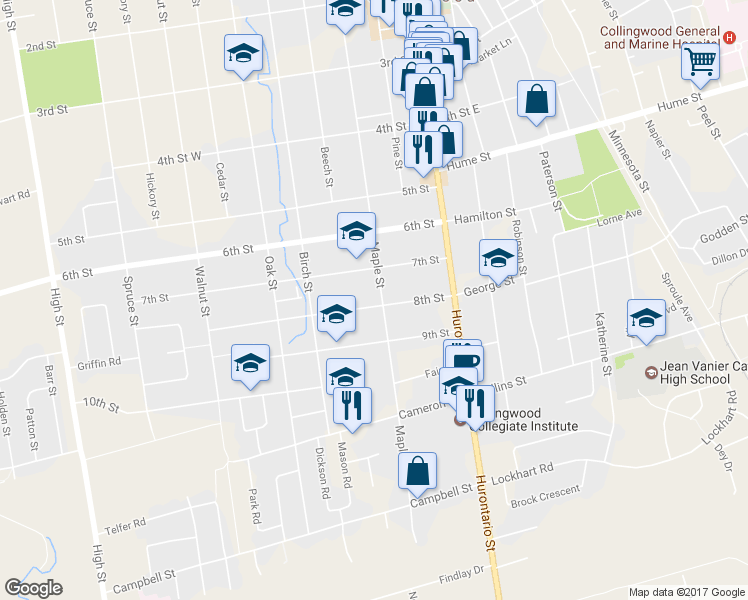 map of restaurants, bars, coffee shops, grocery stores, and more near 458 Maple Street in Collingwood