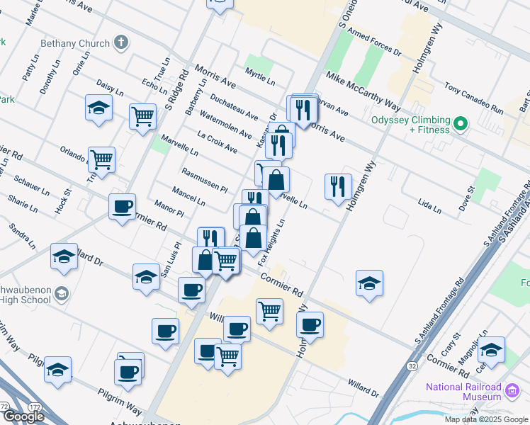 map of restaurants, bars, coffee shops, grocery stores, and more near 2215 South Oneida Street in Green Bay