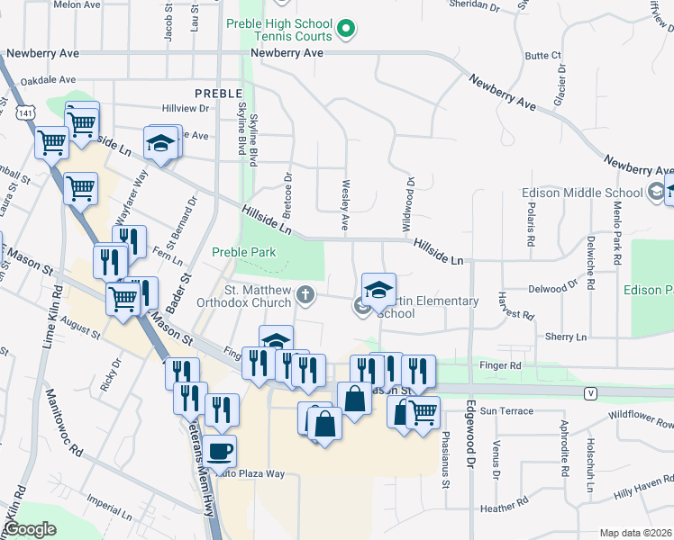 map of restaurants, bars, coffee shops, grocery stores, and more near 543 Avon Court in Green Bay