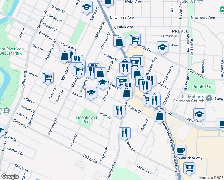 map of restaurants, bars, coffee shops, grocery stores, and more near 716 Jaster Street in Green Bay