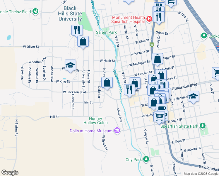 map of restaurants, bars, coffee shops, grocery stores, and more near 518 West Jackson Boulevard in Spearfish