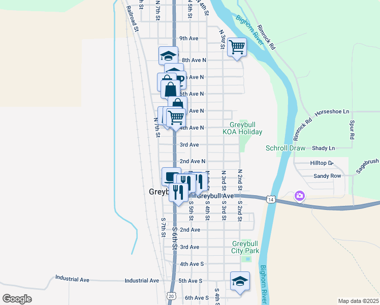 map of restaurants, bars, coffee shops, grocery stores, and more near 224 North 5th Street in Greybull