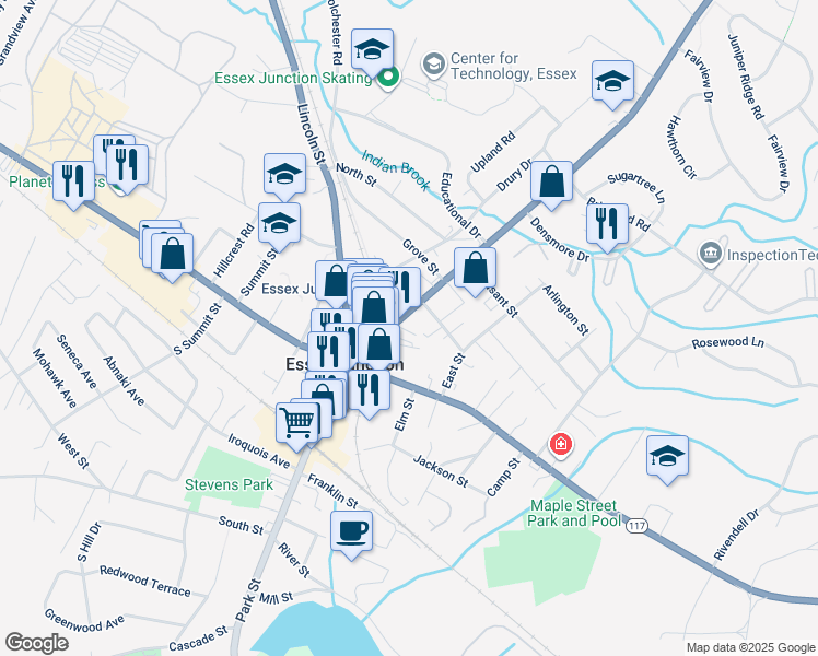 map of restaurants, bars, coffee shops, grocery stores, and more near 37 Main Street in Essex