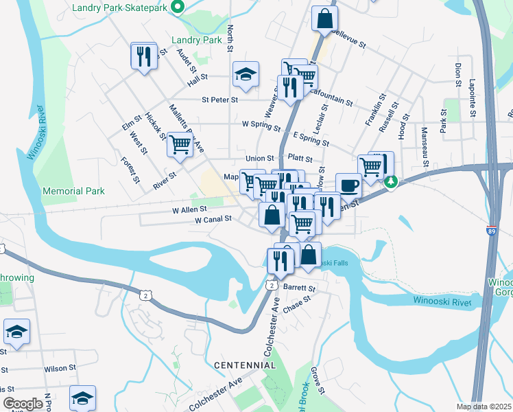 map of restaurants, bars, coffee shops, grocery stores, and more near 33 West Allen Street in Winooski
