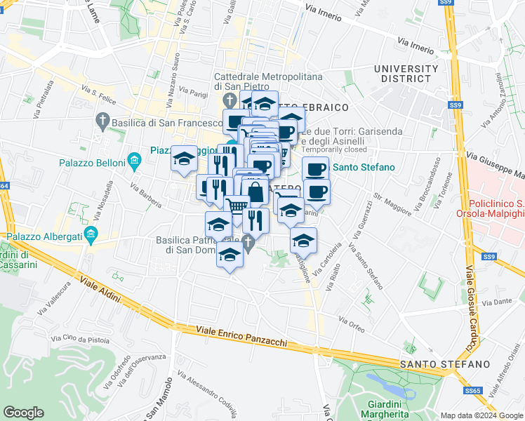 map of restaurants, bars, coffee shops, grocery stores, and more near 3A Piazza Minghetti in Bologna