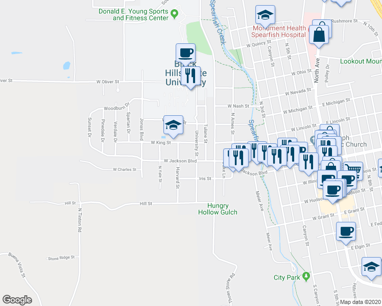 map of restaurants, bars, coffee shops, grocery stores, and more near 811 University Street in Spearfish