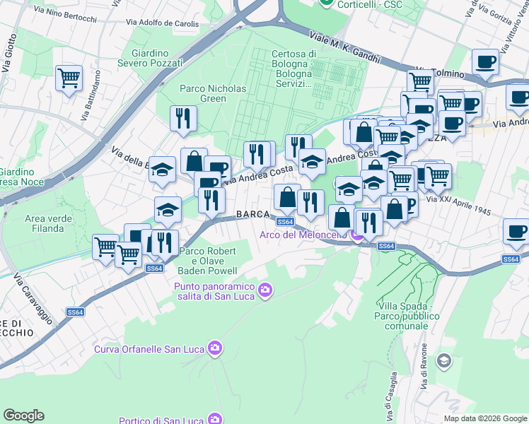 map of restaurants, bars, coffee shops, grocery stores, and more near 91 Via Porrettana in Bologna