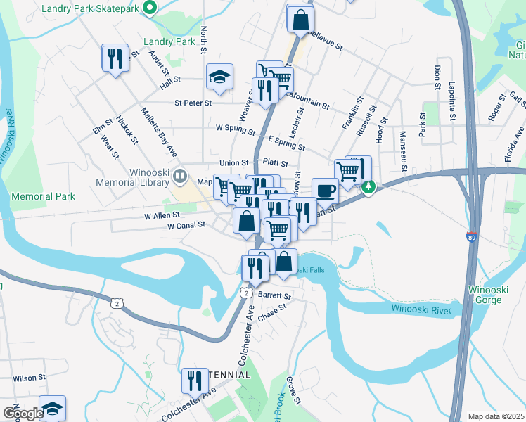 map of restaurants, bars, coffee shops, grocery stores, and more near 9 East Allen Street in Winooski