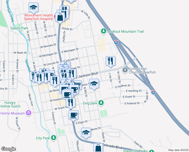map of restaurants, bars, coffee shops, grocery stores, and more near 742 State Street in Spearfish