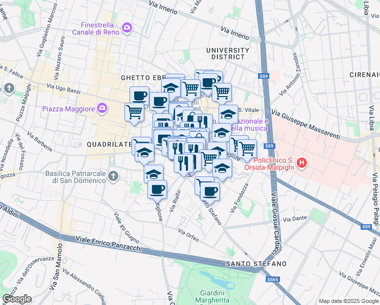 map of restaurants, bars, coffee shops, grocery stores, and more near 8 Via Borgonuovo in Bologna