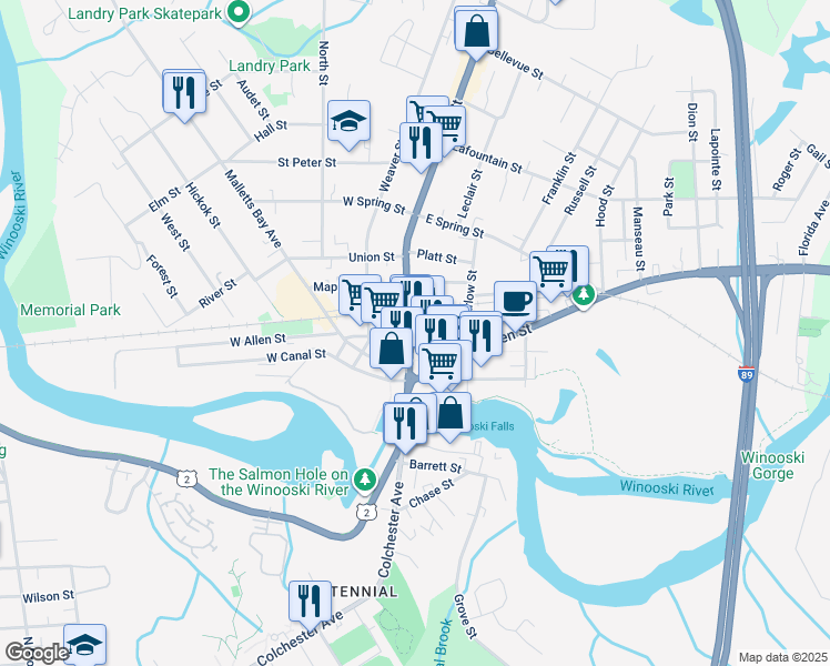 map of restaurants, bars, coffee shops, grocery stores, and more near 5 East Allen Street in Winooski