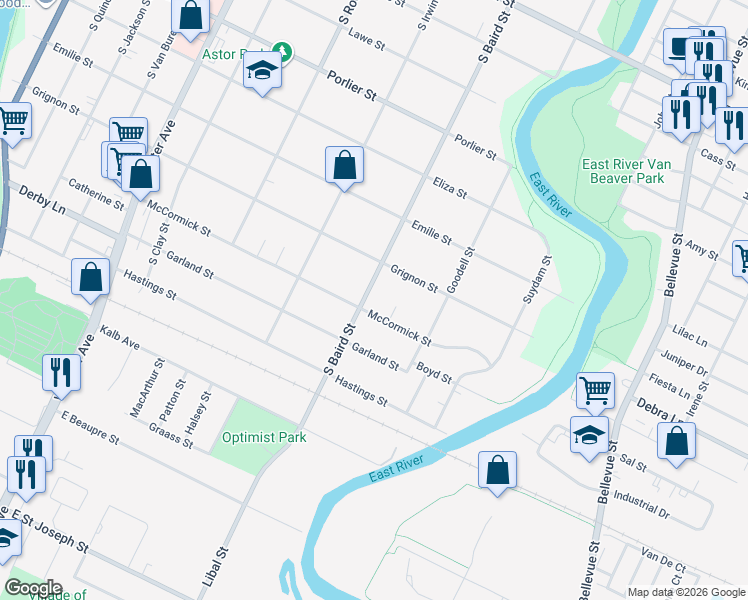 map of restaurants, bars, coffee shops, grocery stores, and more near 1219 South Baird Street in Green Bay