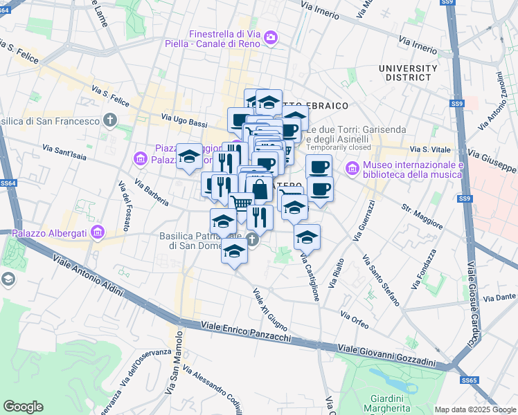 map of restaurants, bars, coffee shops, grocery stores, and more near 14 Via Farini in Bologna