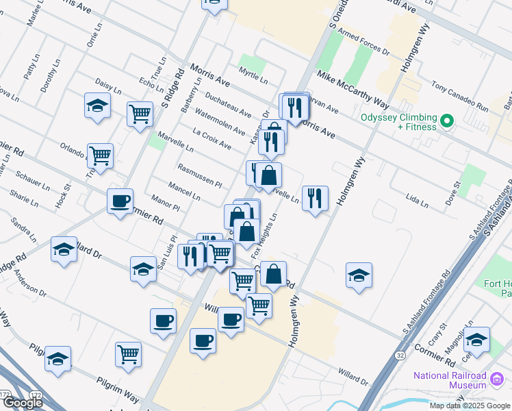 map of restaurants, bars, coffee shops, grocery stores, and more near 2215 South Oneida Street in Green Bay