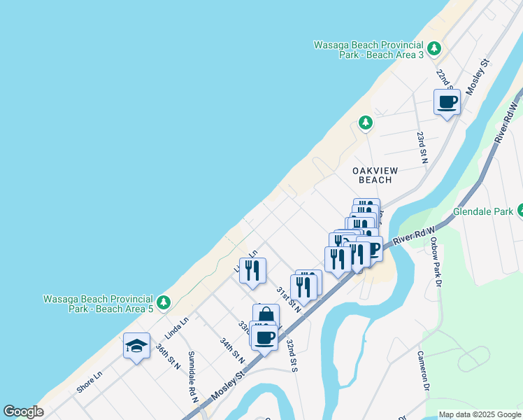 map of restaurants, bars, coffee shops, grocery stores, and more near 734 Shore Lane in Wasaga Beach