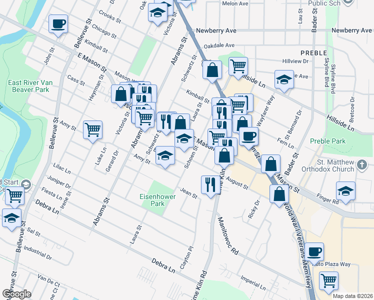 map of restaurants, bars, coffee shops, grocery stores, and more near 726 Schoen Street in Green Bay