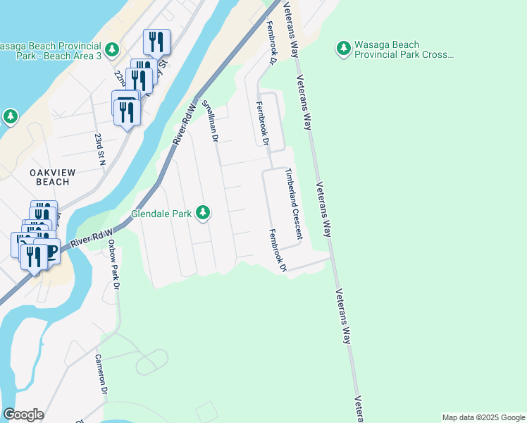map of restaurants, bars, coffee shops, grocery stores, and more near 130 Fernbrook Drive in Wasaga Beach
