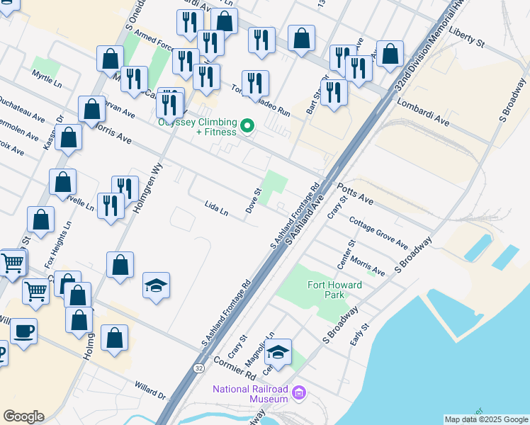 map of restaurants, bars, coffee shops, grocery stores, and more near 617 Morris Avenue in Green Bay