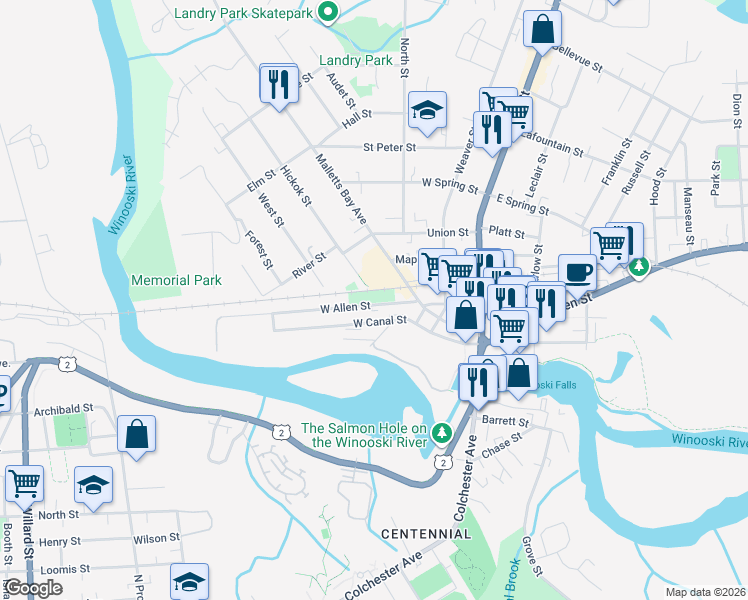 map of restaurants, bars, coffee shops, grocery stores, and more near 101 West Allen Street in Winooski