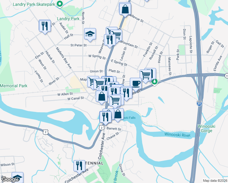 map of restaurants, bars, coffee shops, grocery stores, and more near in Winooski