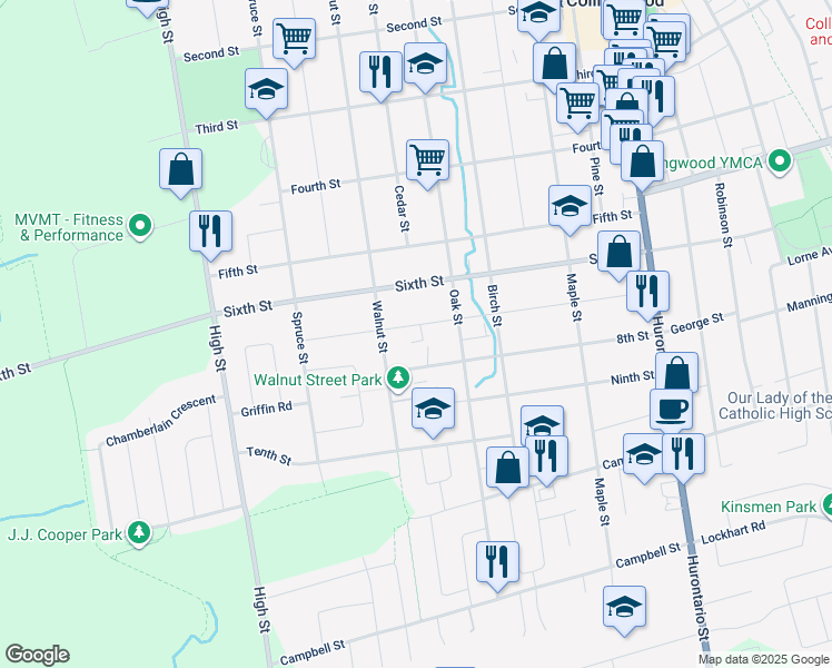 map of restaurants, bars, coffee shops, grocery stores, and more near in Collingwood