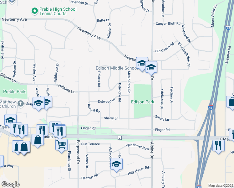 map of restaurants, bars, coffee shops, grocery stores, and more near 2607 Delwood Drive in Green Bay