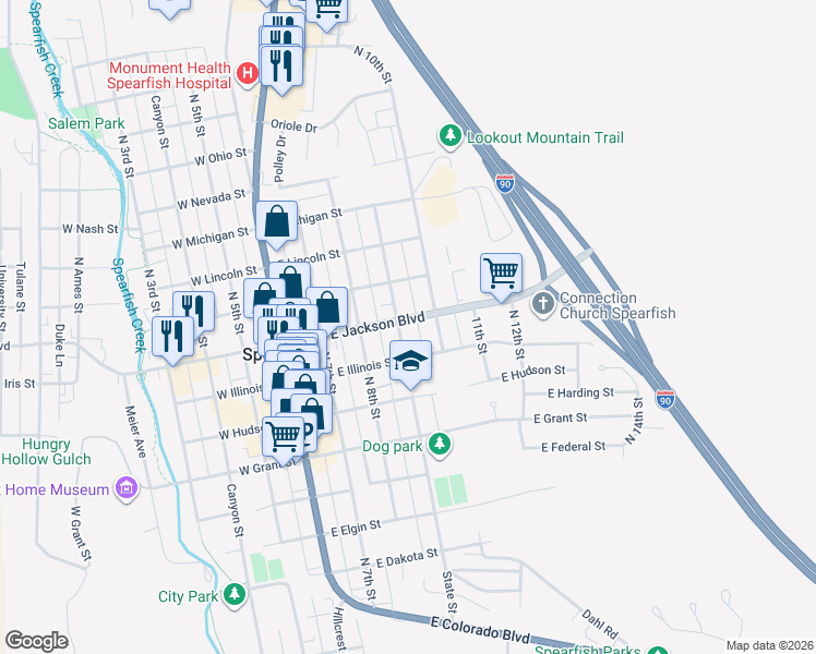 map of restaurants, bars, coffee shops, grocery stores, and more near 742 State Street in Spearfish