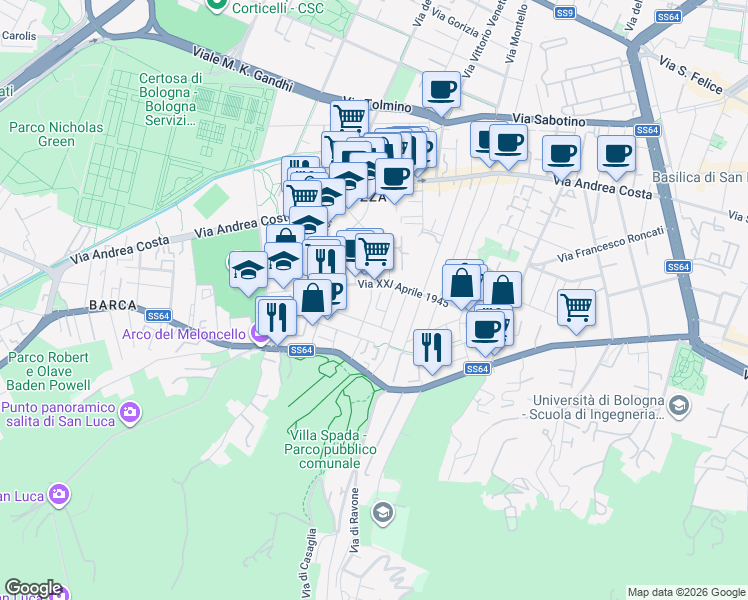 map of restaurants, bars, coffee shops, grocery stores, and more near 20 Via Mario Bastia in Bologna