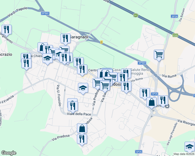 map of restaurants, bars, coffee shops, grocery stores, and more near 302 Via Risorgimento in Zola