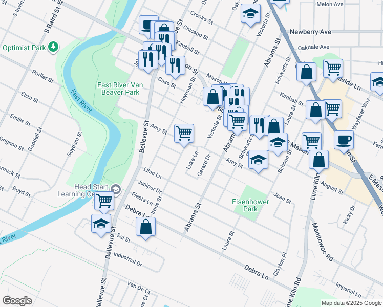 map of restaurants, bars, coffee shops, grocery stores, and more near 854 Luke Ln in Green Bay