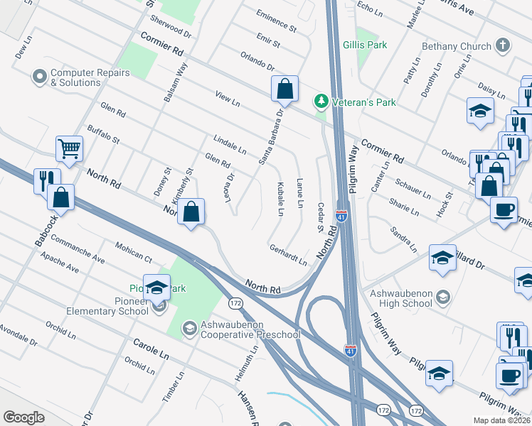 map of restaurants, bars, coffee shops, grocery stores, and more near 2421 Ingold Court in Green Bay
