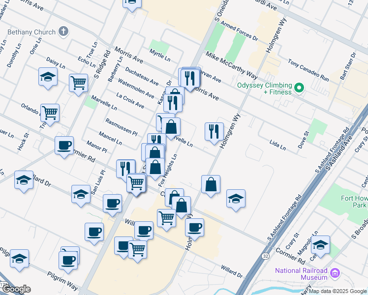 map of restaurants, bars, coffee shops, grocery stores, and more near 2191 Fox Heights Lane in Ashwaubenon