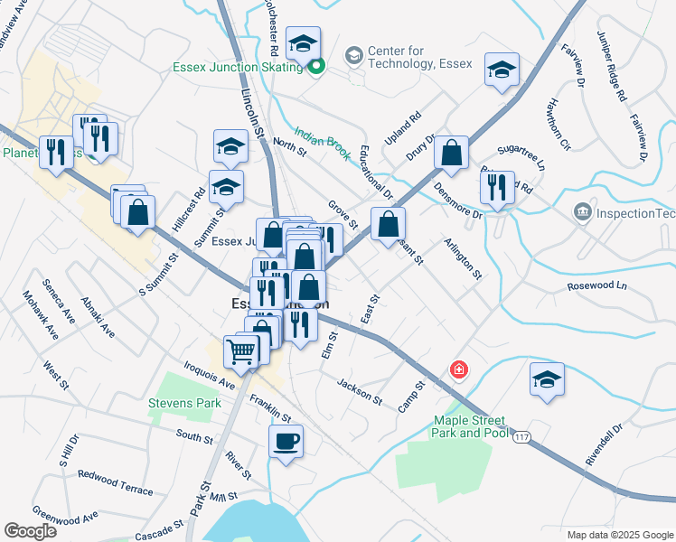 map of restaurants, bars, coffee shops, grocery stores, and more near 37 Main Street in Essex