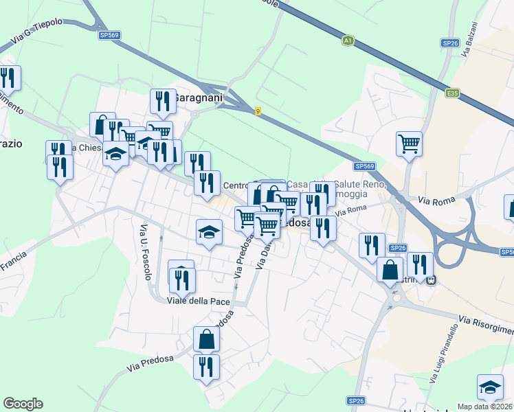map of restaurants, bars, coffee shops, grocery stores, and more near 302 Via Risorgimento in Zola