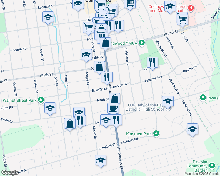 map of restaurants, bars, coffee shops, grocery stores, and more near Hurontario Street in Collingwood