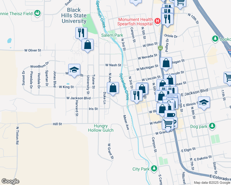 map of restaurants, bars, coffee shops, grocery stores, and more near 518 West Jackson Boulevard in Spearfish
